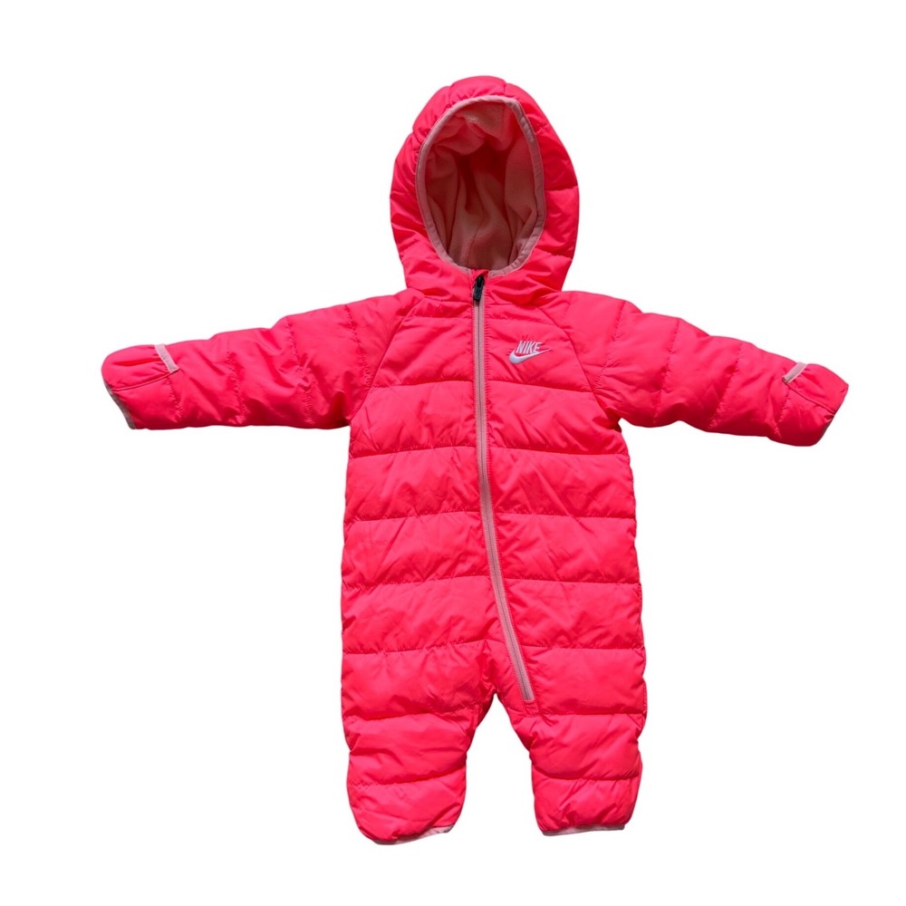 Nike Puffer Snowsuit Baby Girls 6M Neon Pink Hooded Fleece Lined Bunting Zip Up